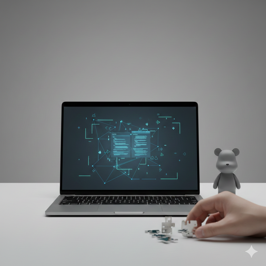 Laptop with abstract digital design and a hand assembling puzzle pieces